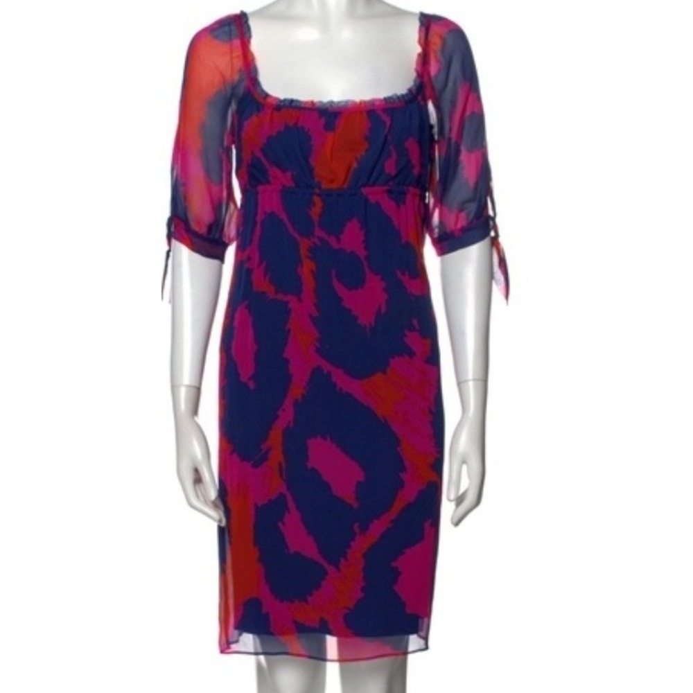 Diane von Furstenberg Silk Mini Babydoll Square Neck Fuchsia Blue Peasant Sz 8